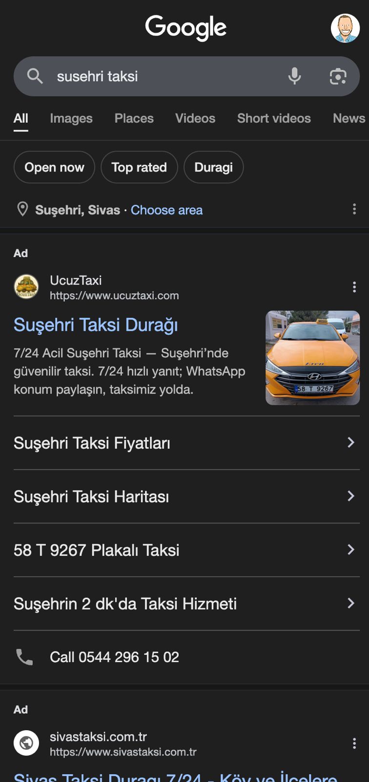 Google'da "Suşehri taksi" aramasında görünen UcuzTaxi reklamı örneği